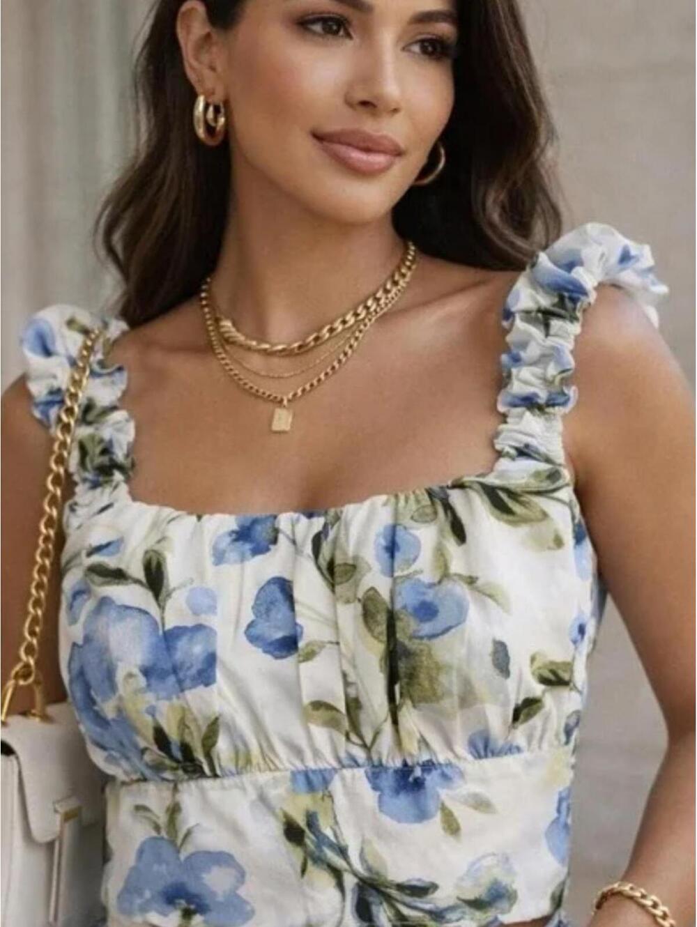 Abercrombie & Fitch Blue Floral Puff Sleeve Crop Top Medium